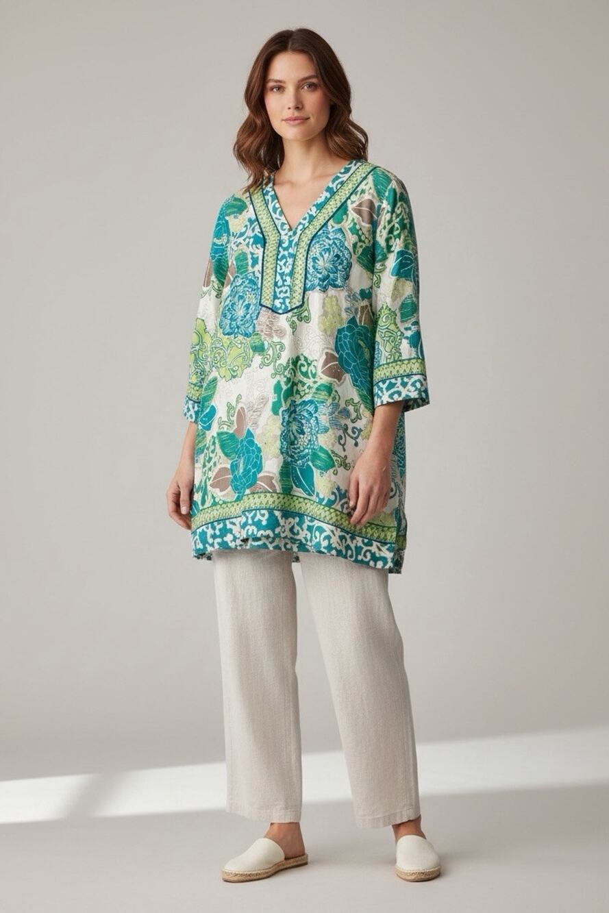 Brooks Brothers 346 Tunic Top Womans XL Green Floral Preppy Bohemian Fairy